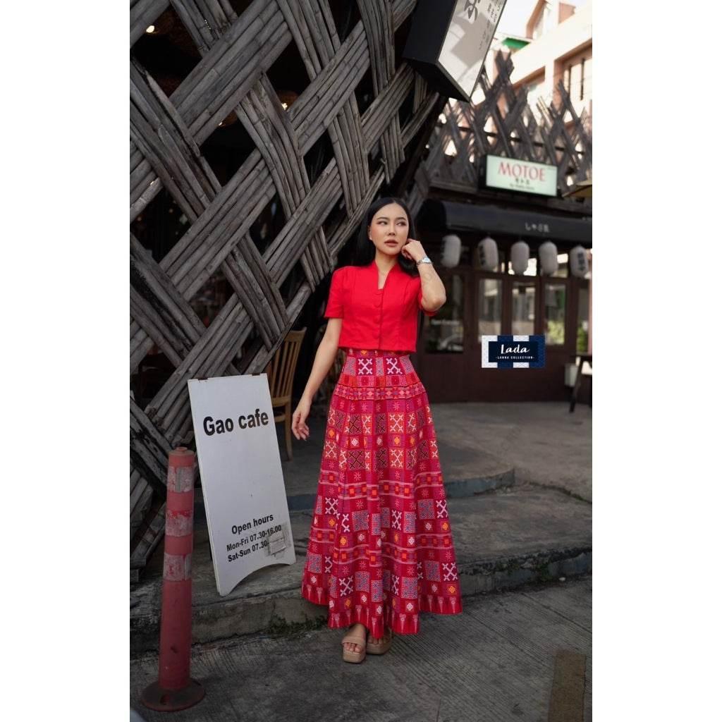 New Hmong-Inspired Cotton 2-Piece Set: Collar Short Sleeve Top & 6-Piece Pleated Skirt in Navy, Lilac & Red | Women’s Sizes S–XL