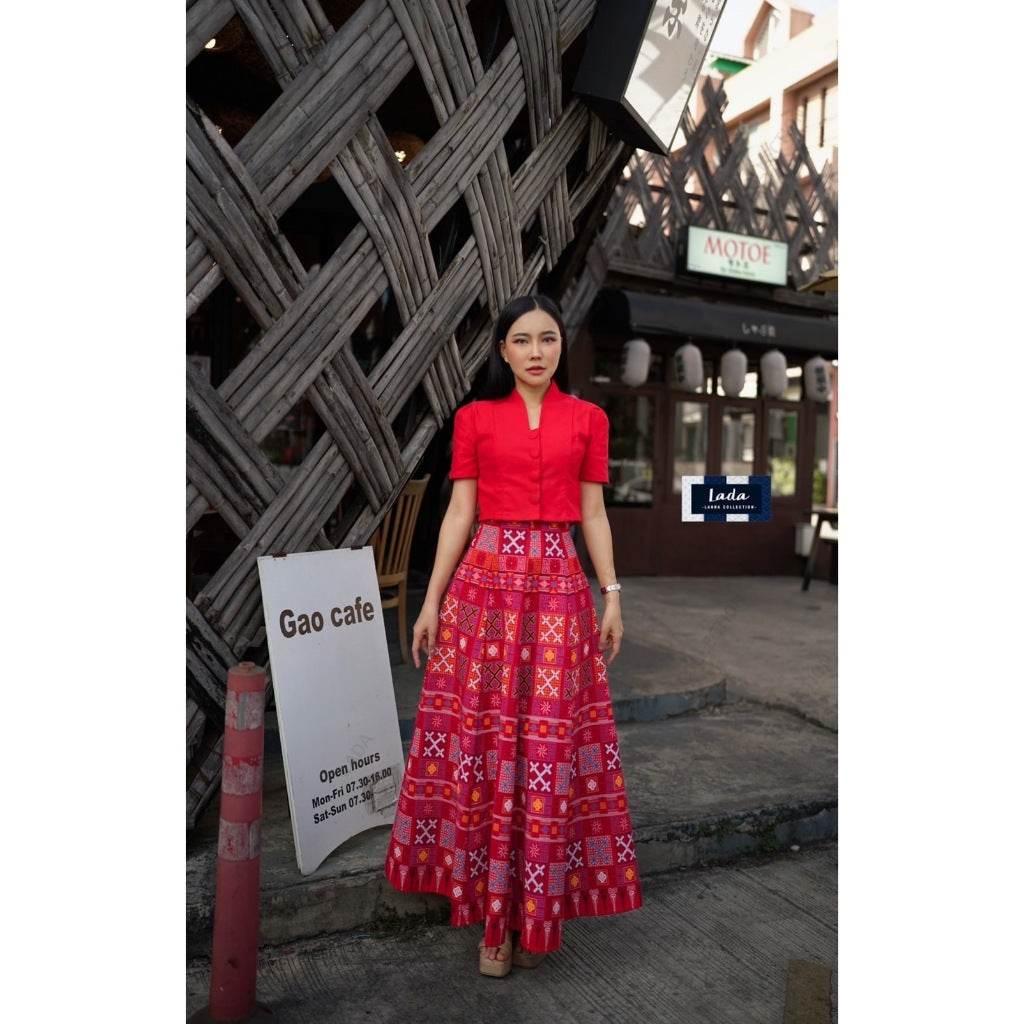 New Hmong-Inspired Cotton 2-Piece Set: Collar Short Sleeve Top & 6-Piece Pleated Skirt in Navy, Lilac & Red | Women’s Sizes S–XL