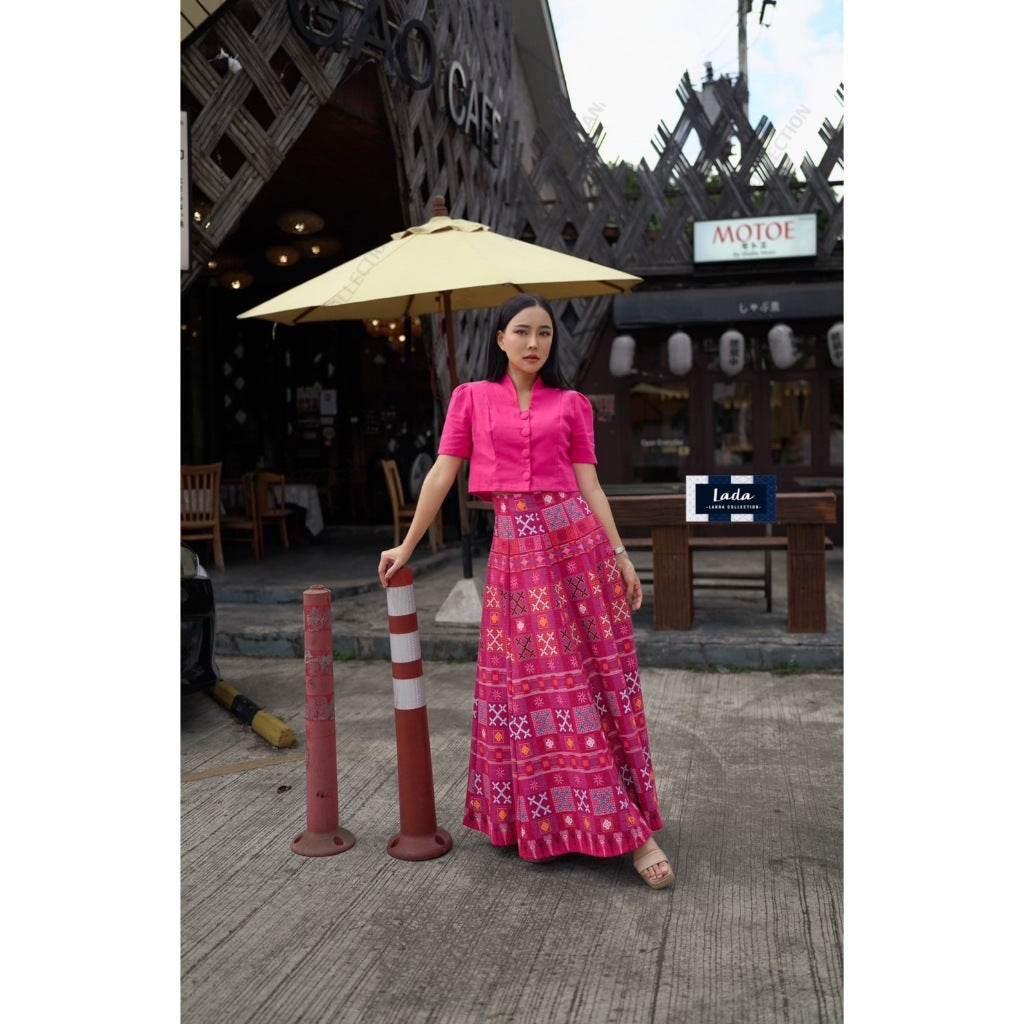 New Hmong-Inspired Cotton 2-Piece Set: Collar Short Sleeve Top & 6-Piece Pleated Skirt in Navy, Lilac & Red | Women’s Sizes S–XL
