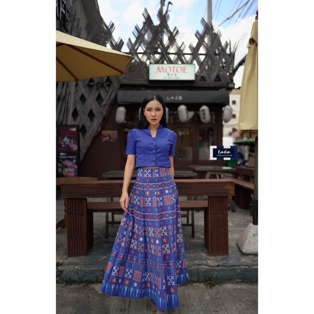 New Hmong-Inspired Cotton 2-Piece Set: Collar Short Sleeve Top & 6-Piece Pleated Skirt in Navy, Lilac & Red | Women’s Sizes S–XL น้ำเงิน