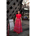 New Hmong-Inspired Cotton 2-Piece Set: Collar Short Sleeve Top & 6-Piece Pleated Skirt in Navy, Lilac & Red | Women’s Sizes S–XL แดง