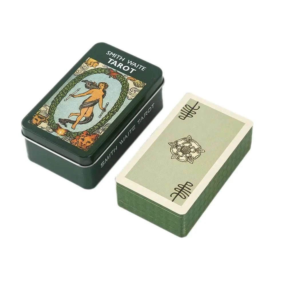 New Hot Tarot Cards – 78-Card Vintage Deck with Green-Plated Edges in Metal Tin Box (10×6 cm) & Paper Manual for Divination Board Games THTC05
