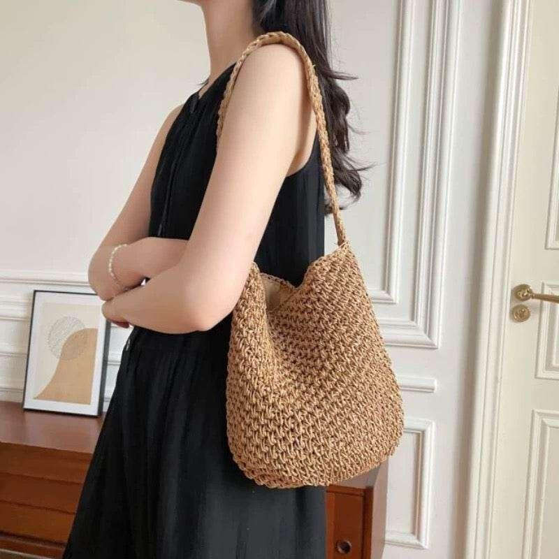 New Korean Handwoven Shoulder Bag – Compact Cotton Rope Tote with 35cm Strap | 28cm Everyday Woven Basket Bag