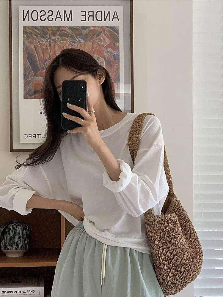 New Korean Handwoven Shoulder Bag – Compact Cotton Rope Tote with 35cm Strap | 28cm Everyday Woven Basket Bag