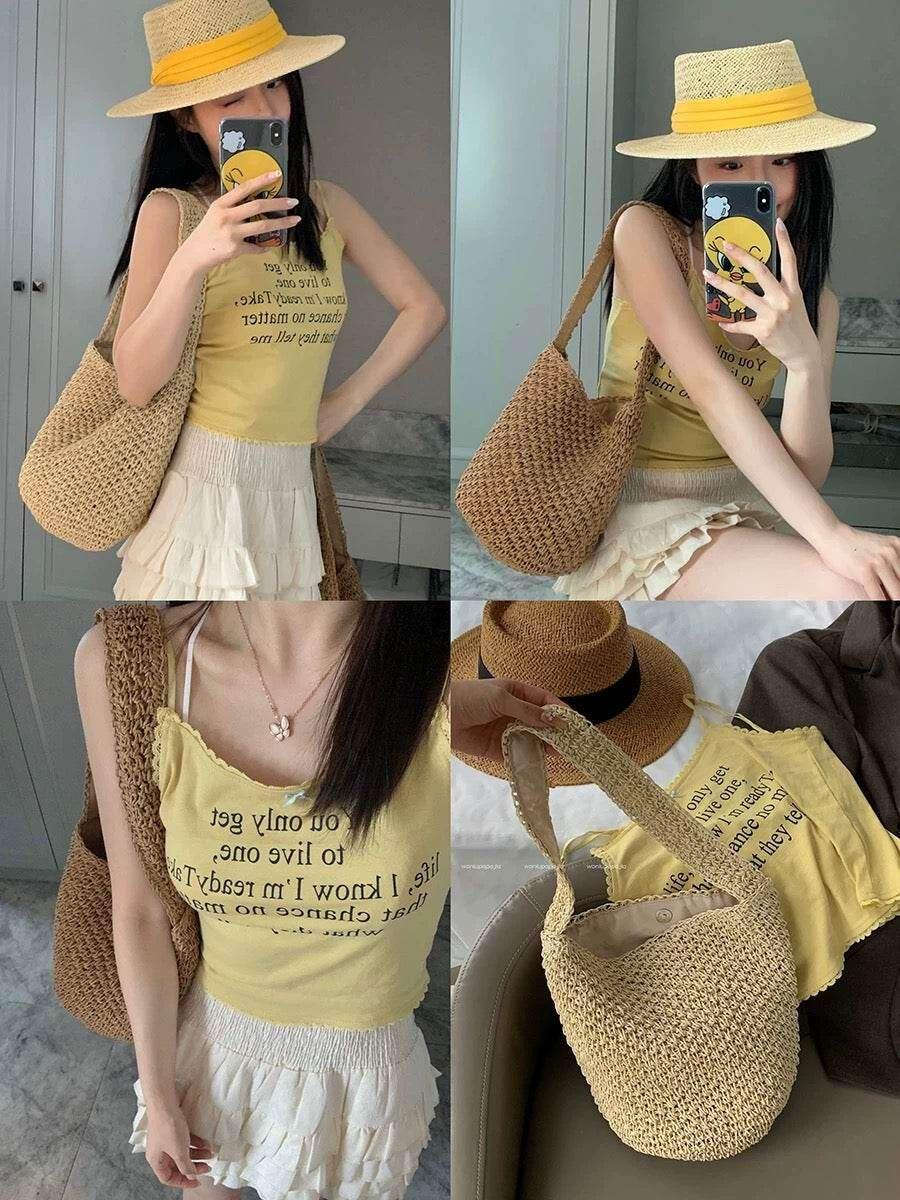 New Korean Handwoven Shoulder Bag – Compact Cotton Rope Tote with 35cm Strap | 28cm Everyday Woven Basket Bag