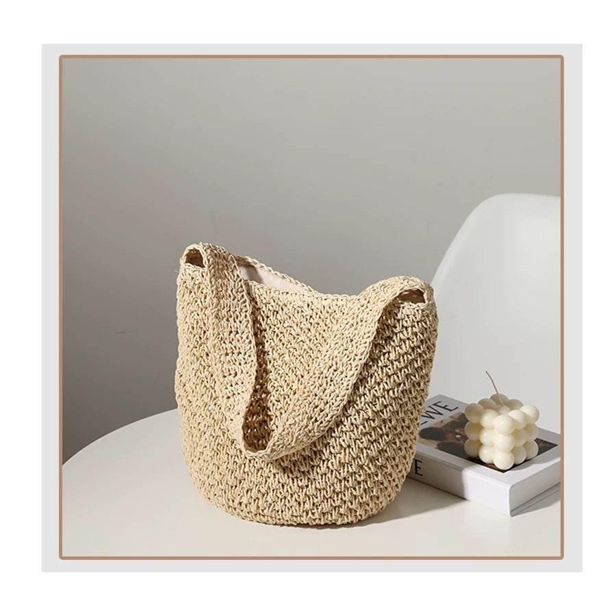 New Korean Handwoven Shoulder Bag – Compact Cotton Rope Tote with 35cm Strap | 28cm Everyday Woven Basket Bag สีขาวนวล