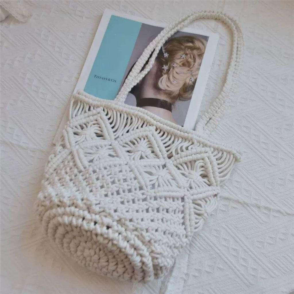 New Korean Handwoven Tote Bag – Cotton Wicker Ladies Shoulder Bag with Inner Pocket | 28cm Wicker Bag for Women สีขาวนวล