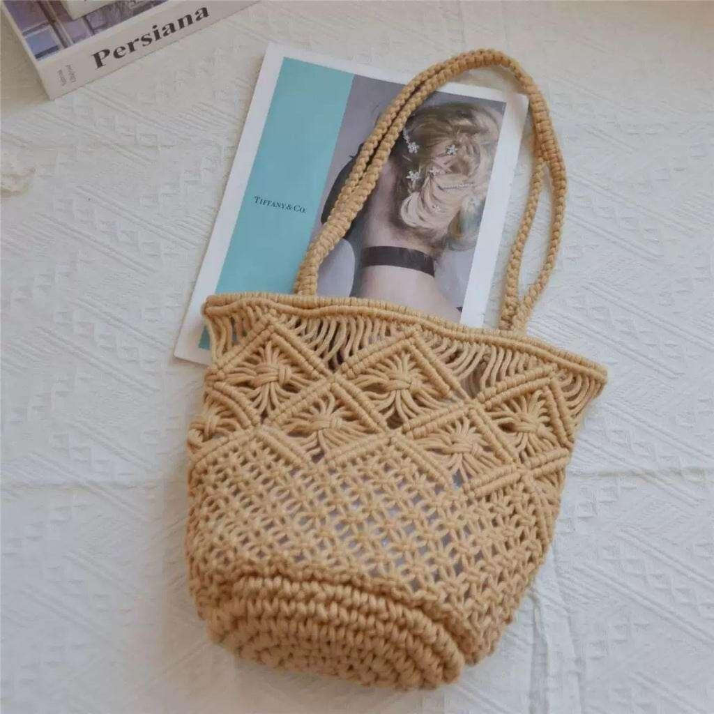 New Korean Handwoven Tote Bag – Cotton Wicker Ladies Shoulder Bag with Inner Pocket | 28cm Wicker Bag for Women สีกากี