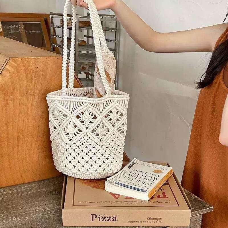 New Korean Handwoven Tote Bag – Cotton Wicker Ladies Shoulder Bag with Inner Pocket | 28cm Wicker Bag for Women
