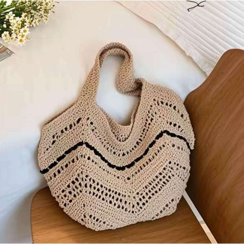 New Korean Style Crochet Tote Bag - Large Handmade Cotton Shoulder Bag 33cm x 28cm with 58cm Strap black