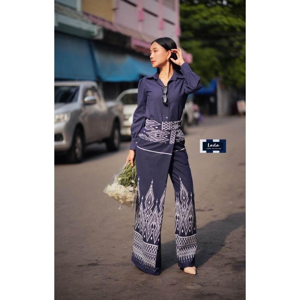 New Lisa Print Cotton Set - Long Sleeve Shirt & Wide-Leg Pants in 3 Colors | Women’s S–XL Sizes Available กรม