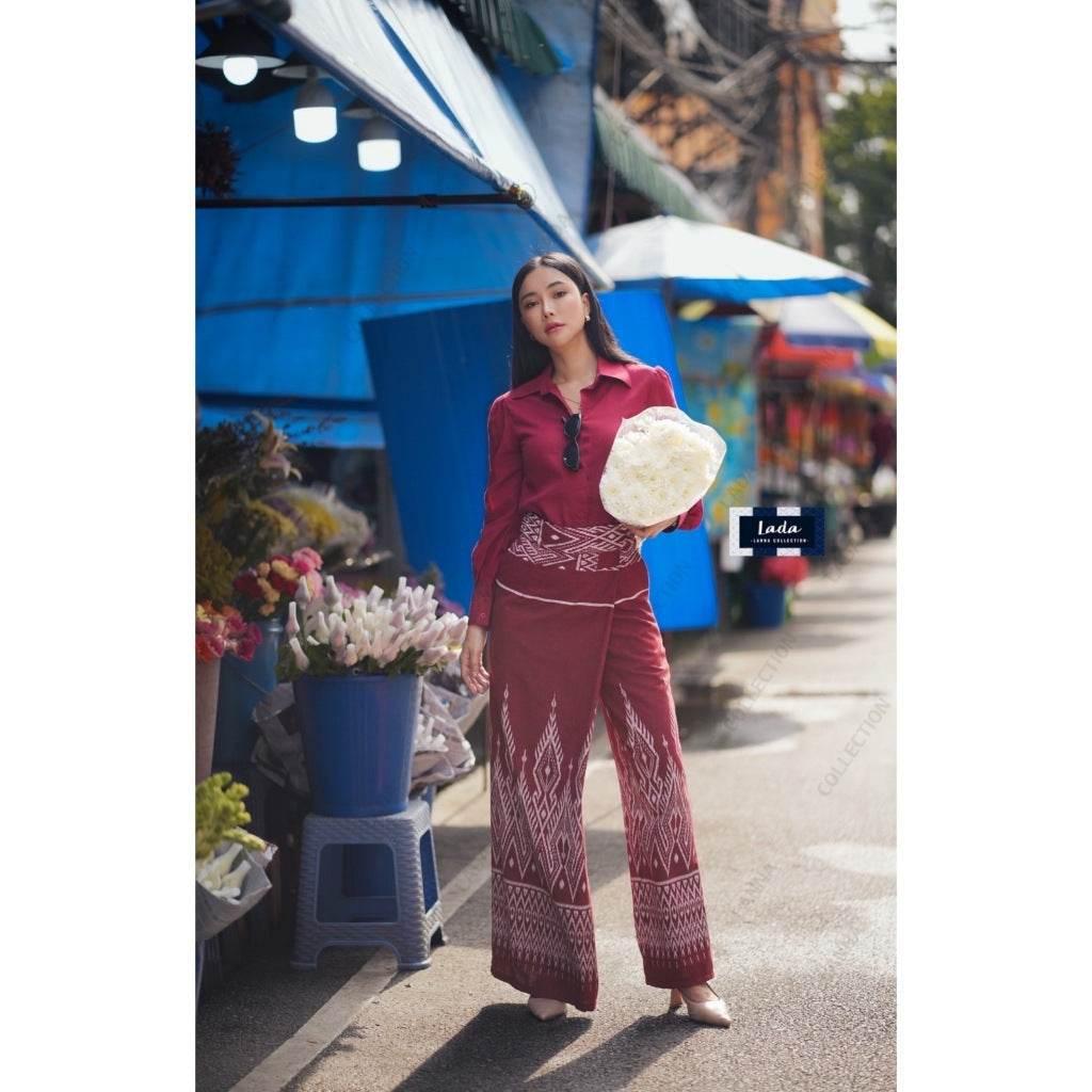 New Lisa Print Cotton Set - Long Sleeve Shirt & Wide-Leg Pants in 3 Colors | Women’s S–XL Sizes Available แดง