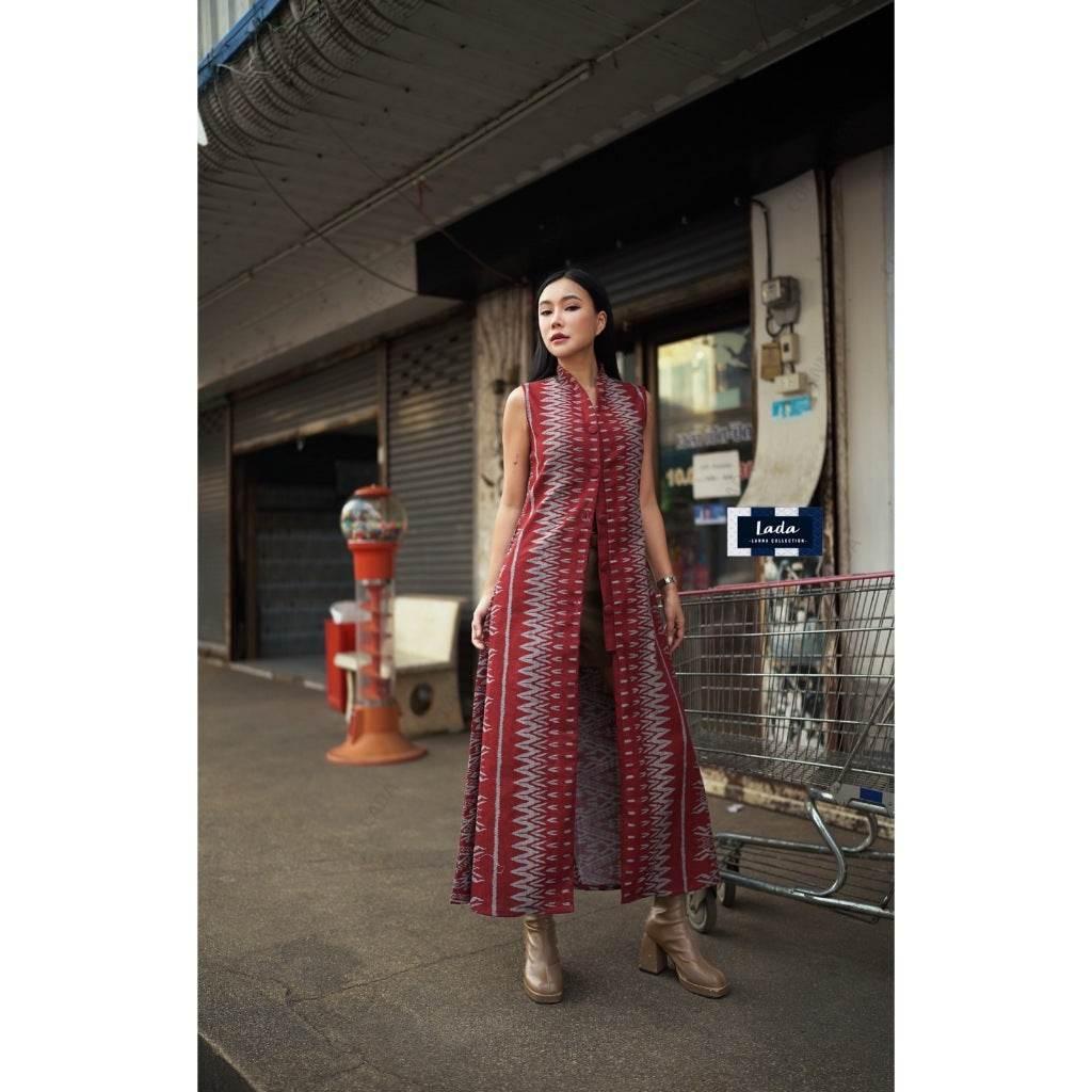 New Long Fishbone Print Wrap Coat for Women - 50 Inch Length and Front Buttons, Two Sizes Available แดง