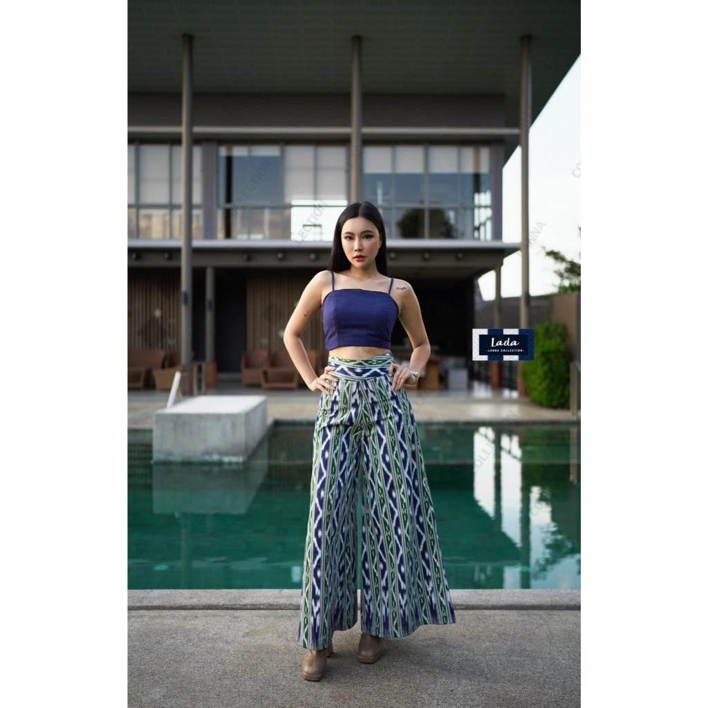 New Mi Kan Pattern Wide-Leg High-Waisted Pants for Women – Ethnic Style, 39” Length, Fits Waist 26–32”