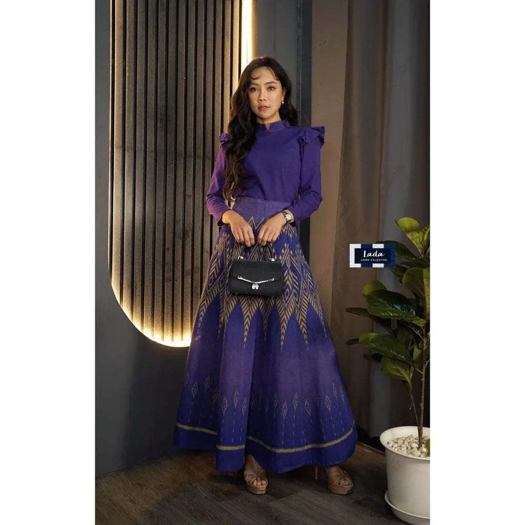 New Pine Pattern Pleated Skirt Set for Women – 8-Piece Deep Purple & Navy Blue Cotton with Wing Sleeve Top, Sizes S to XL