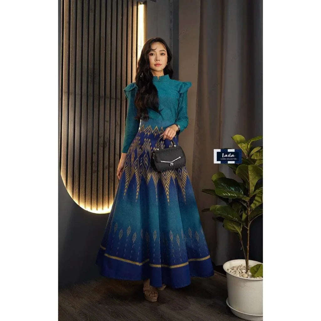 New Pine Pattern Pleated Skirt Set for Women – 8-Piece Deep Purple & Navy Blue Cotton with Wing Sleeve Top, Sizes S to XL