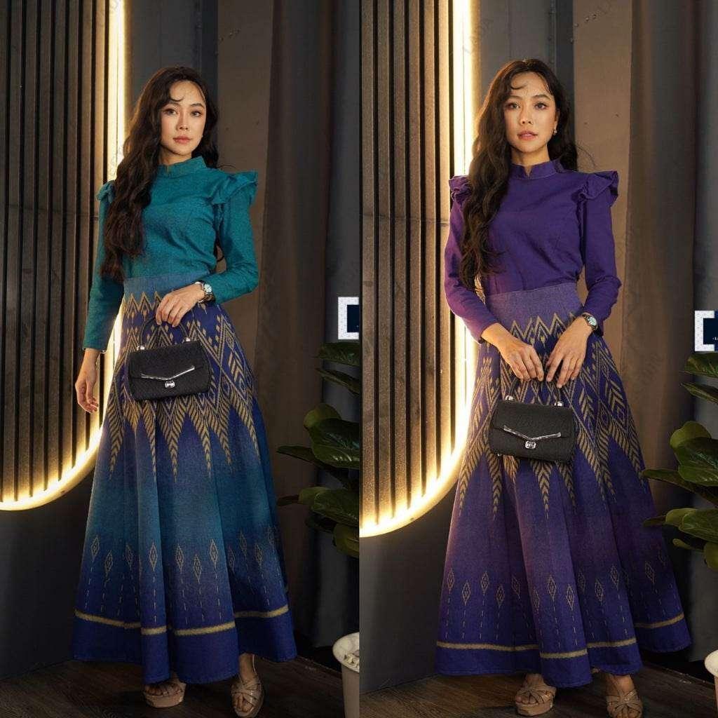 New Pine Pattern Pleated Skirt Set for Women – 8-Piece Deep Purple & Navy Blue Cotton with Wing Sleeve Top, Sizes S to XL