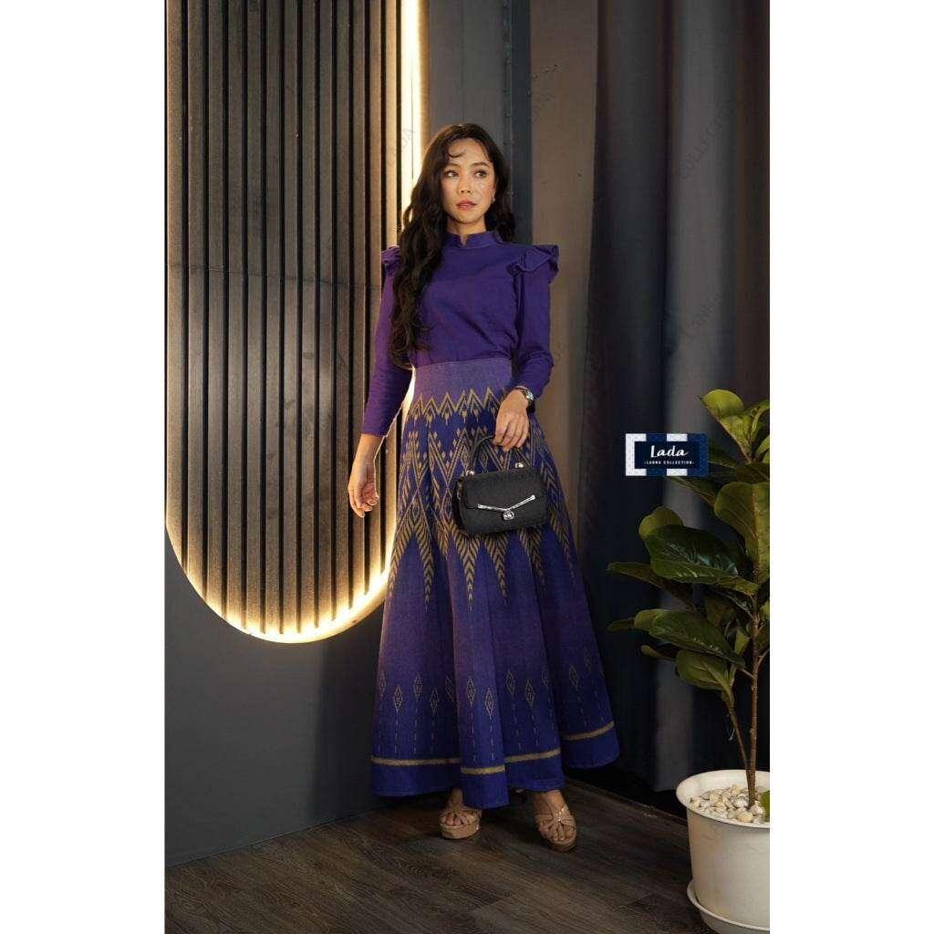 New Pine Pattern Pleated Skirt Set for Women – 8-Piece Deep Purple & Navy Blue Cotton with Wing Sleeve Top, Sizes S to XL ม่วงเข้ม