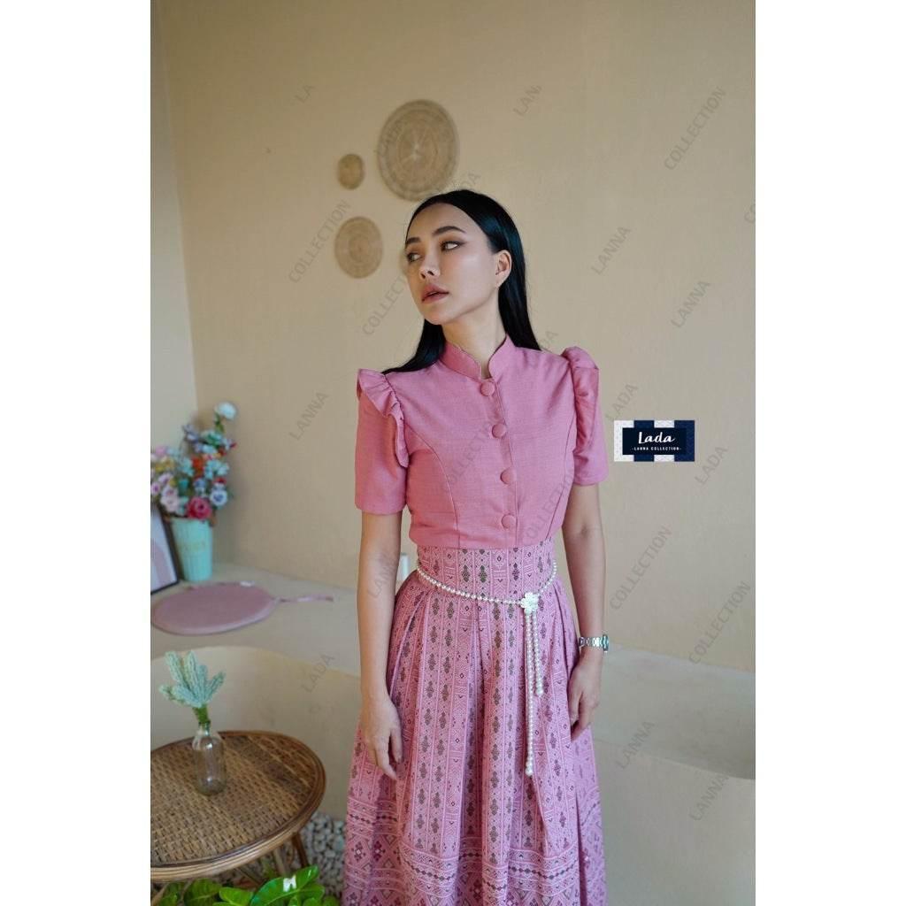 New Pink Flower Print Skirt Set - Women's Cotton Two-Piece Outfit | Sizes S–XL ครอปจิตรลดาระบายเล็ก