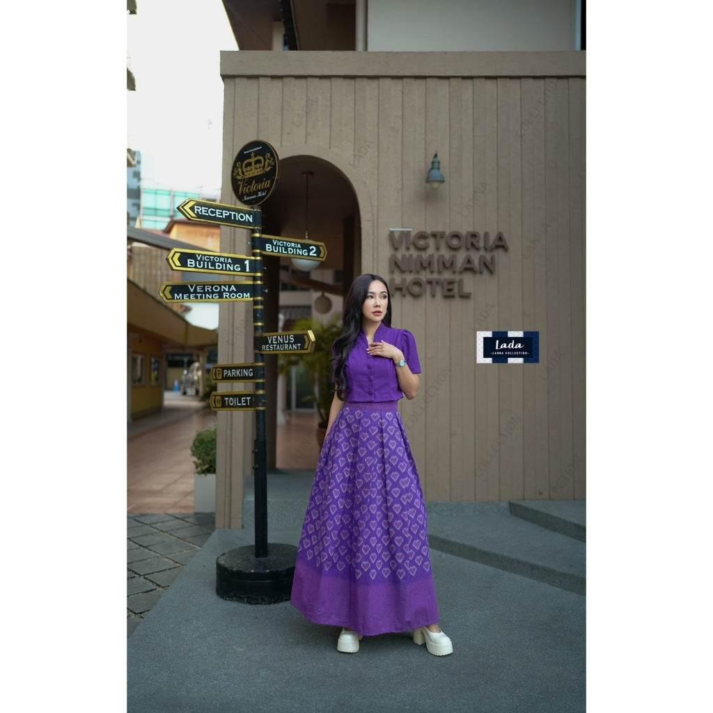 New Small Heart Print Cotton Set – Red, Purple & Gray | Traditional Lanna Fabric for Women in Sizes S–XL คอปีนสั้นม่วง