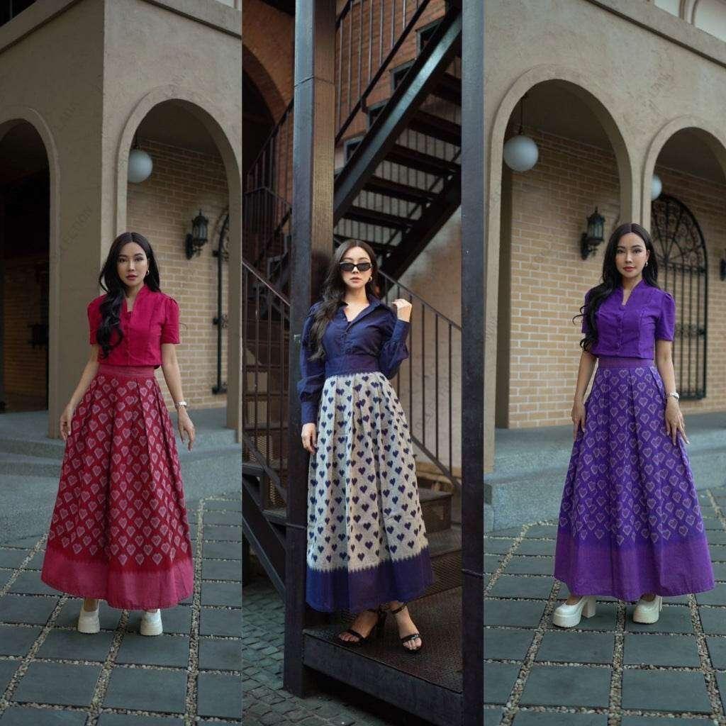 New Small Heart Print Cotton Set – Red, Purple & Gray | Traditional Lanna Fabric for Women in Sizes S–XL