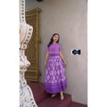 New Stairway to Heaven Cotton Set - 2-Piece Short Sleeve Collar Top with Pleated Skirt in Yellow, Blue & Purple ม่วง