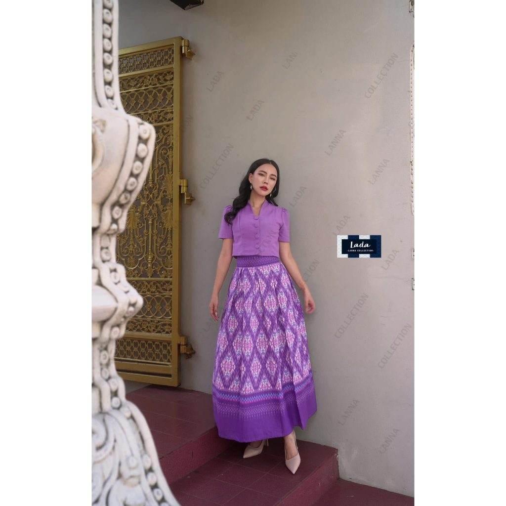 New Stairway to Heaven Cotton Set - 2-Piece Short Sleeve Collar Top with Pleated Skirt in Yellow, Blue & Purple ม่วง