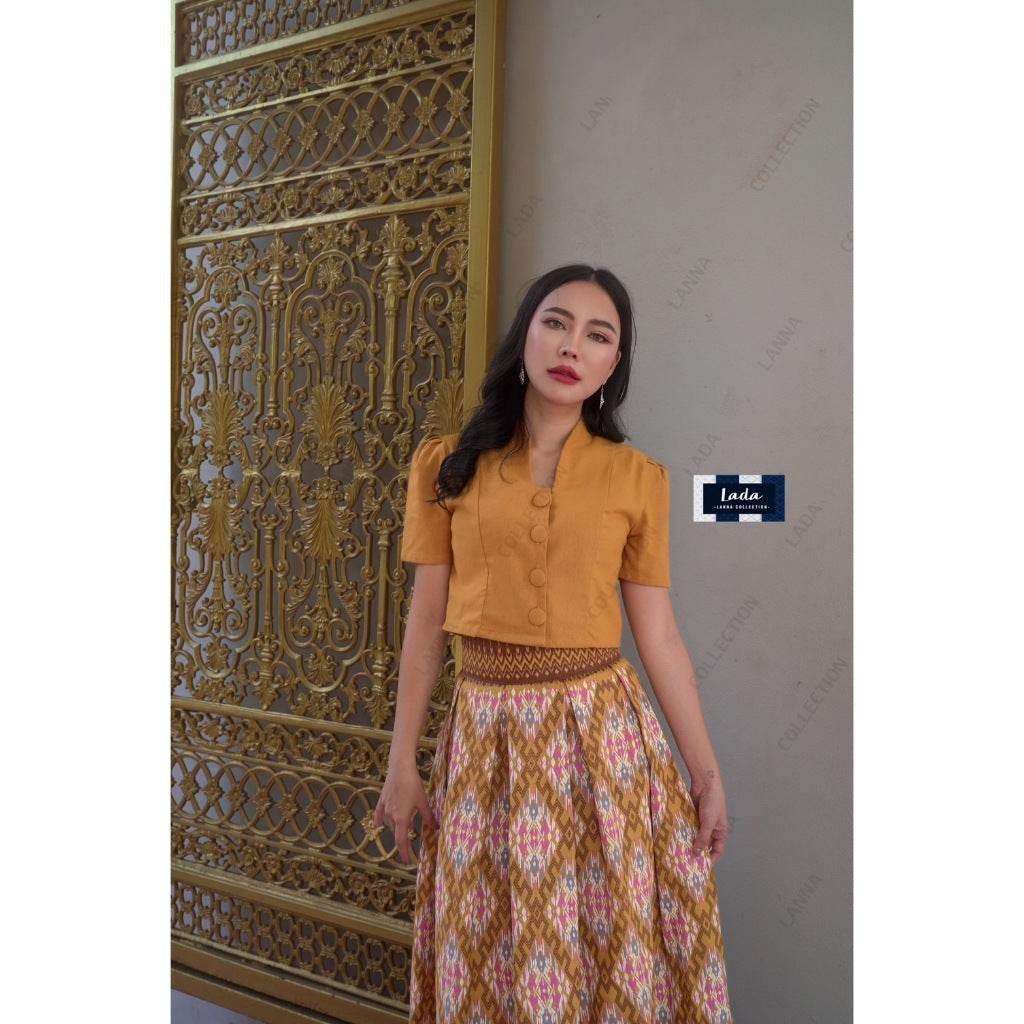 New Stairway to Heaven Cotton Set - 2-Piece Short Sleeve Collar Top with Pleated Skirt in Yellow, Blue & Purple