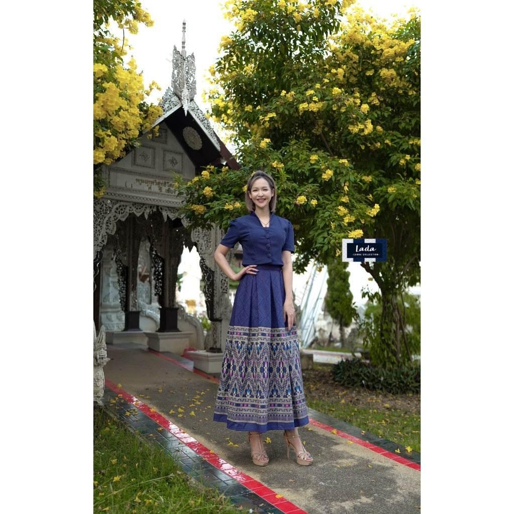 New Thai Cotton 2-Piece Set – Short Sleeve Collar Top & Khit Toot Jok Print Skirt | Available in 4 Colors and S–XL Sizes