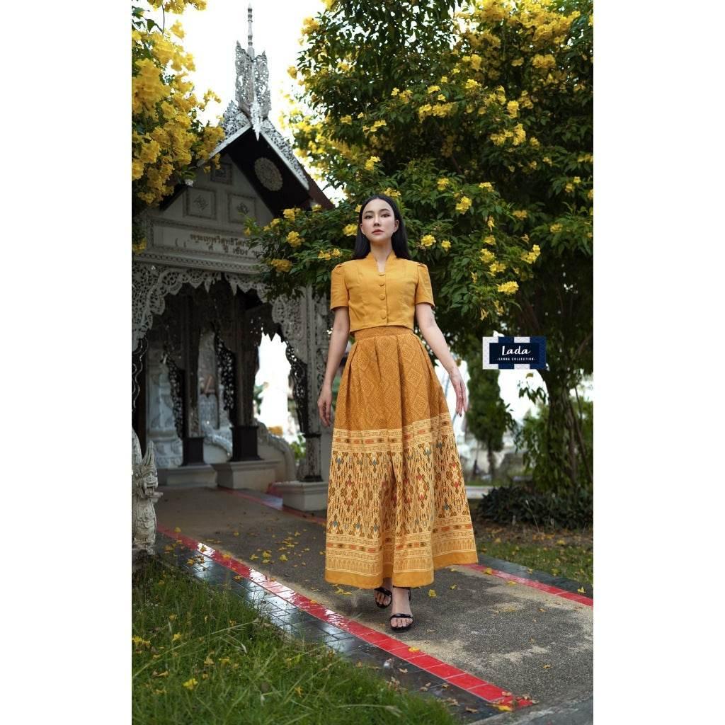 New Thai Cotton 2-Piece Set – Short Sleeve Collar Top & Khit Toot Jok Print Skirt | Available in 4 Colors and S–XL Sizes