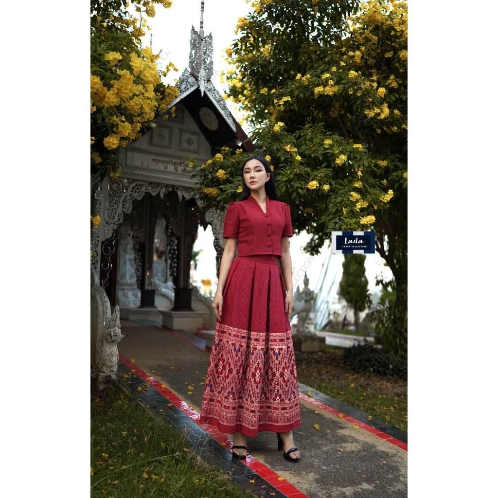 New Thai Cotton 2-Piece Set – Short Sleeve Collar Top & Khit Toot Jok Print Skirt | Available in 4 Colors and S–XL Sizes