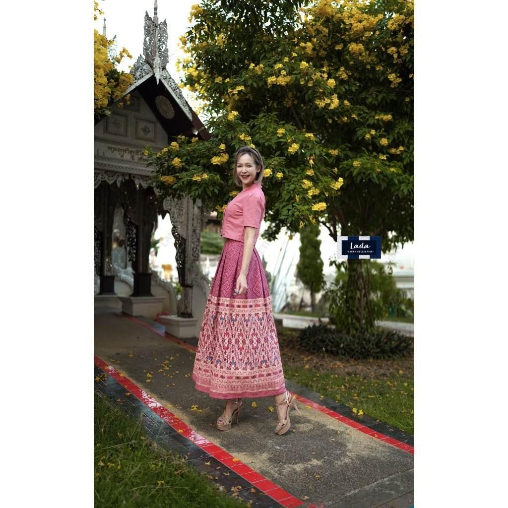 New Thai Cotton 2-Piece Set – Short Sleeve Collar Top & Khit Toot Jok Print Skirt | Available in 4 Colors and S–XL Sizes