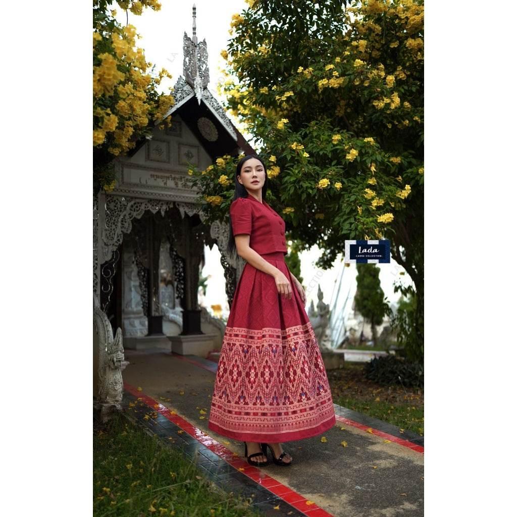 New Thai Cotton 2-Piece Set – Short Sleeve Collar Top & Khit Toot Jok Print Skirt | Available in 4 Colors and S–XL Sizes