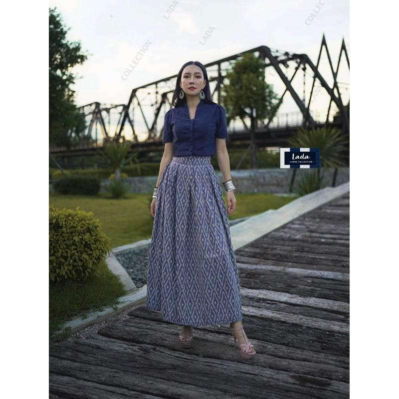 New Thai Pattern Cotton Set - 2-Piece Stylish Collar Top & Pleated Skirt Outfit for Women in 4 Colors