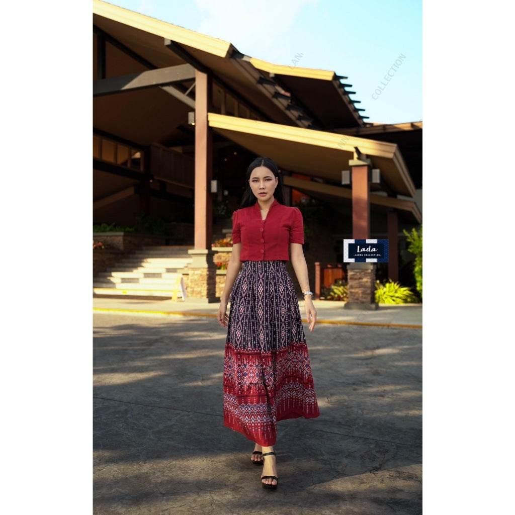 New Two-Tone Cotton Set - Khit Praewa & Mudmee Print Yellow & Wine Red Short Sleeve Top with High-Waisted Pleated Skirt