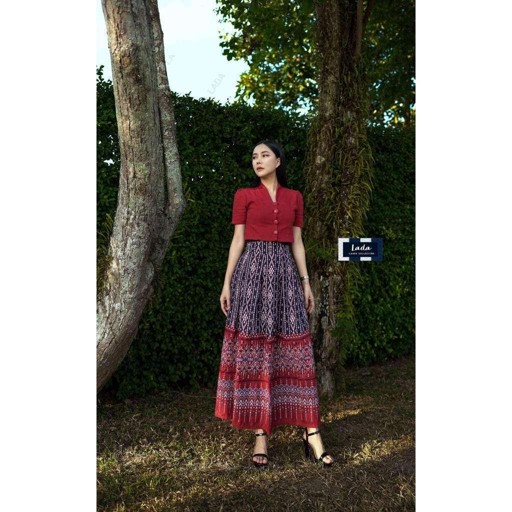 New Two-Tone Cotton Set - Khit Praewa & Mudmee Print Yellow & Wine Red Short Sleeve Top with High-Waisted Pleated Skirt