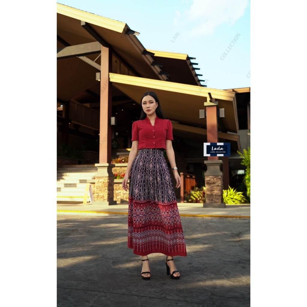 New Two-Tone Cotton Set - Khit Praewa & Mudmee Print Yellow & Wine Red Short Sleeve Top with High-Waisted Pleated Skirt แดงไวน์
