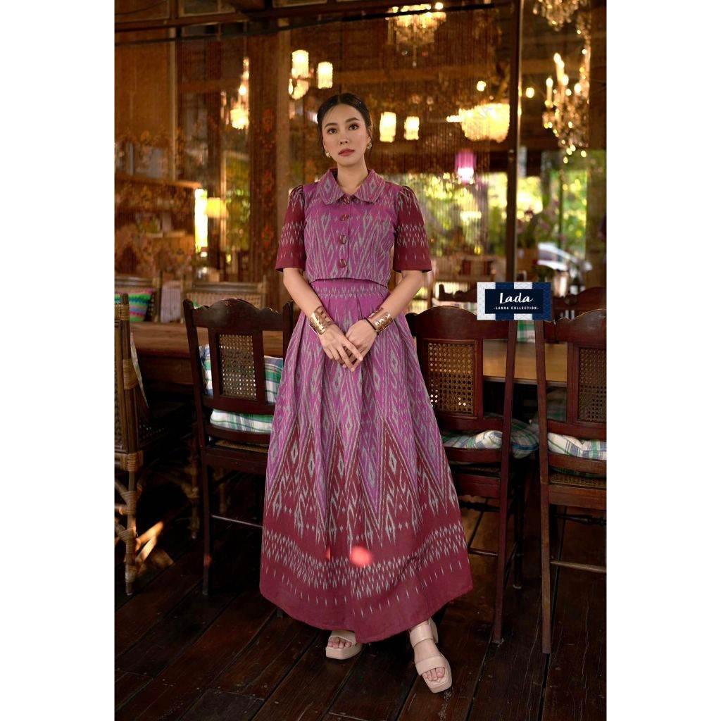 New Two-Tone Lotus Collar Crop Top Set and Pleated Skirt – Women's Traditional Thai Cotton Outfit in Yellow, Sky Blue, Pink
