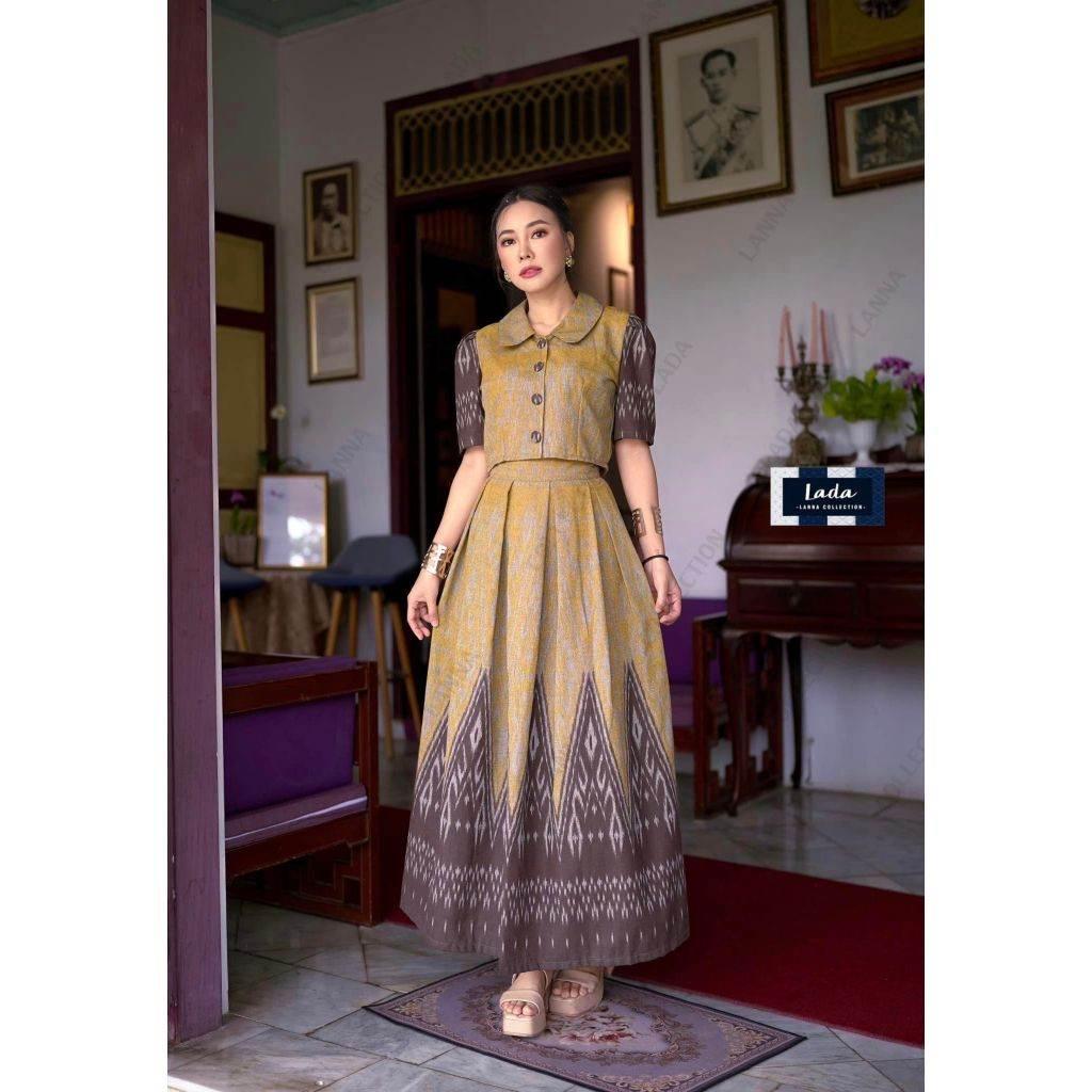 New Two-Tone Lotus Collar Crop Top Set and Pleated Skirt – Women's Traditional Thai Cotton Outfit in Yellow, Sky Blue, Pink