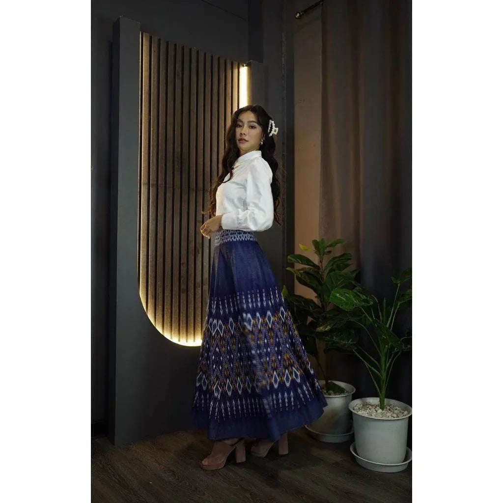 New White Shirt & 8-Piece Praewa Checkered Skirt Set - Traditional Thai Cotton Outfit with Care Tips