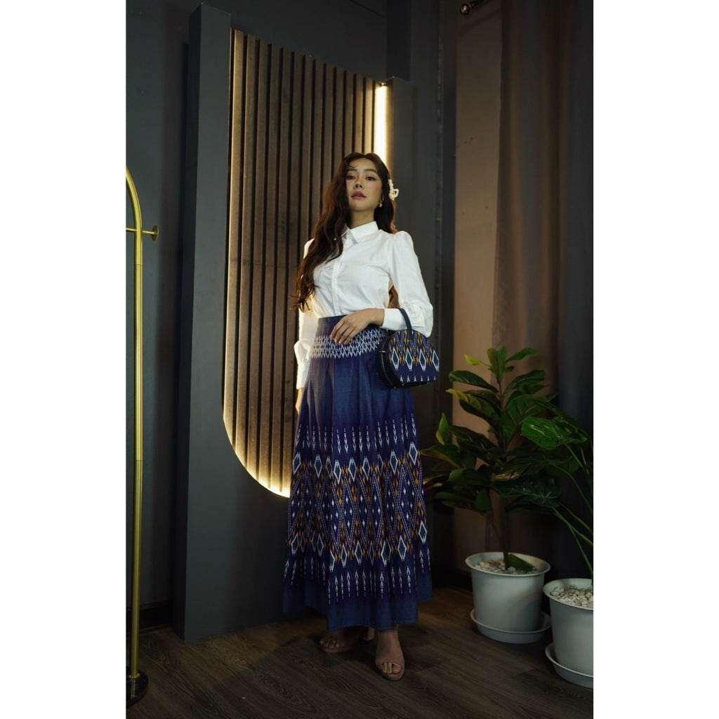 New White Shirt & 8-Piece Praewa Checkered Skirt Set - Traditional Thai Cotton Outfit with Care Tips