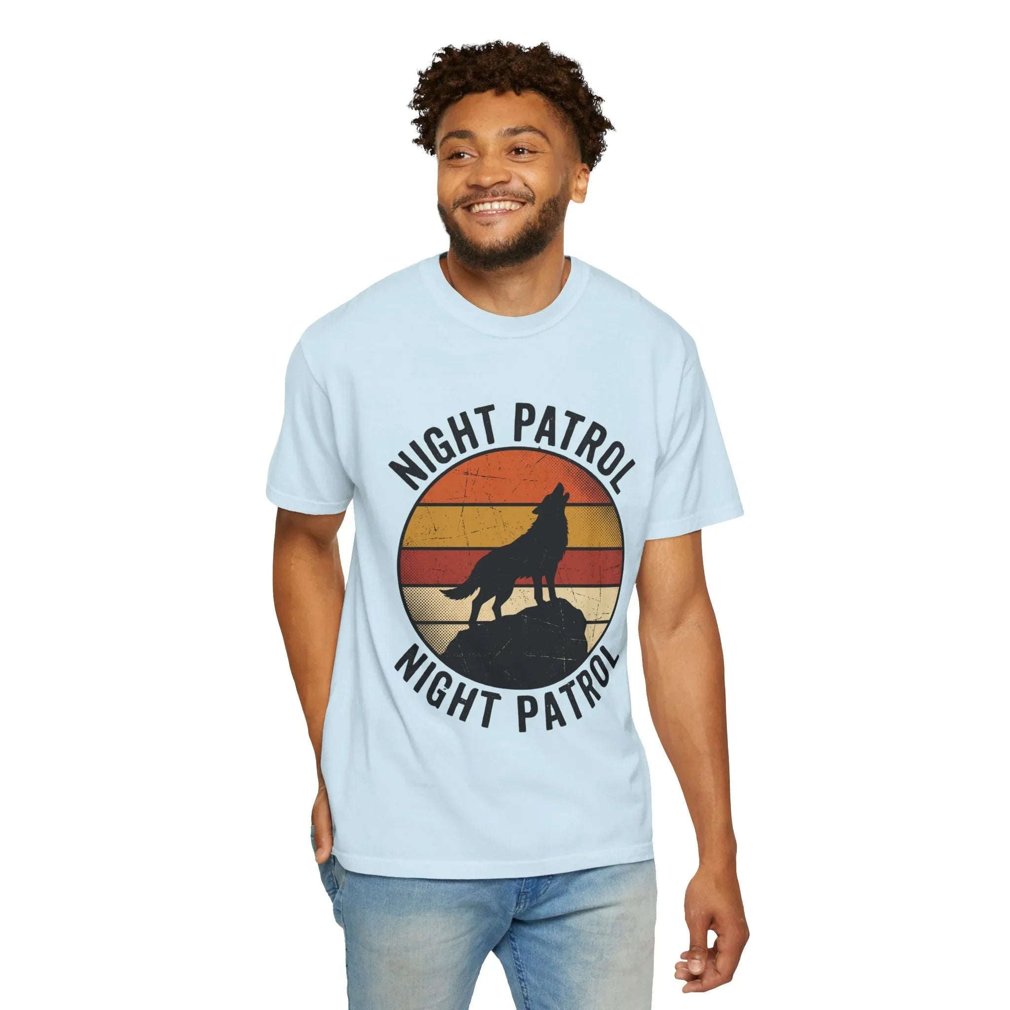 Night Patrol Howling Wolf T-Shirt, Retro Sunset Silhouette Tee, Vintage Outdoor Graphic Shirt, Garment-Dyed Unisex Hiking Camping Tee Chambray