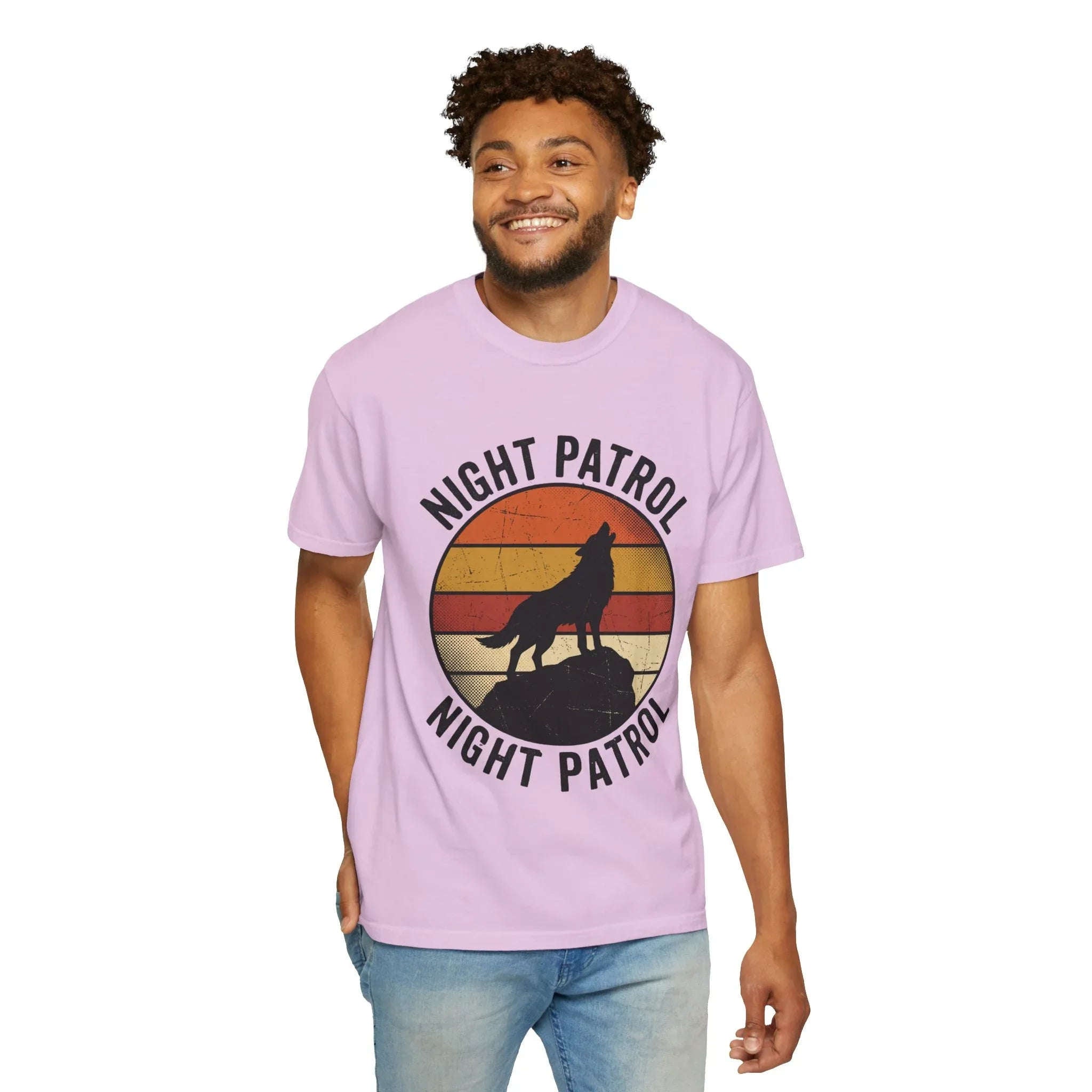 Night Patrol Howling Wolf T-Shirt, Retro Sunset Silhouette Tee, Vintage Outdoor Graphic Shirt, Garment-Dyed Unisex Hiking Camping Tee Orchid