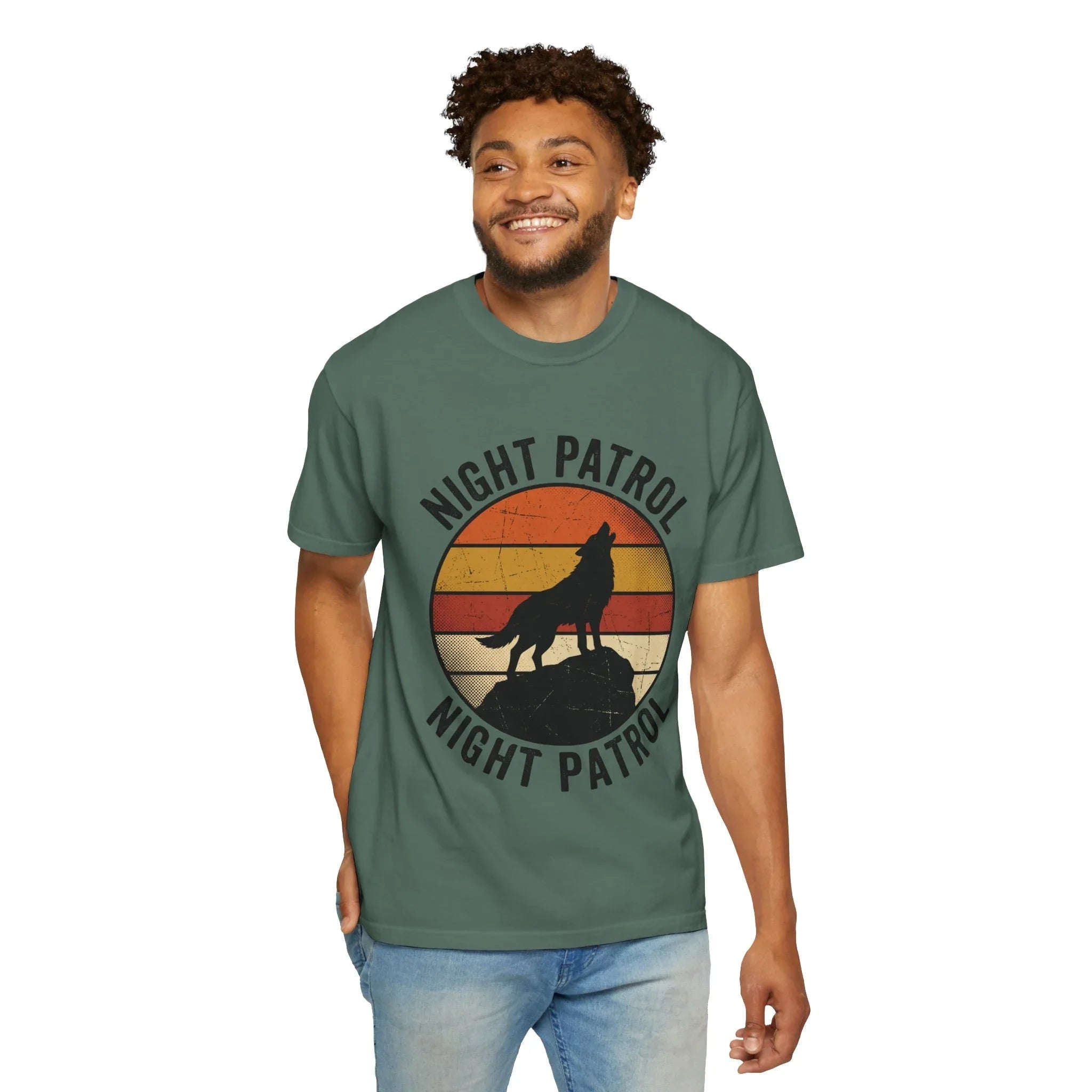 Night Patrol Howling Wolf T-Shirt, Retro Sunset Silhouette Tee, Vintage Outdoor Graphic Shirt, Garment-Dyed Unisex Hiking Camping Tee Blue Spruce
