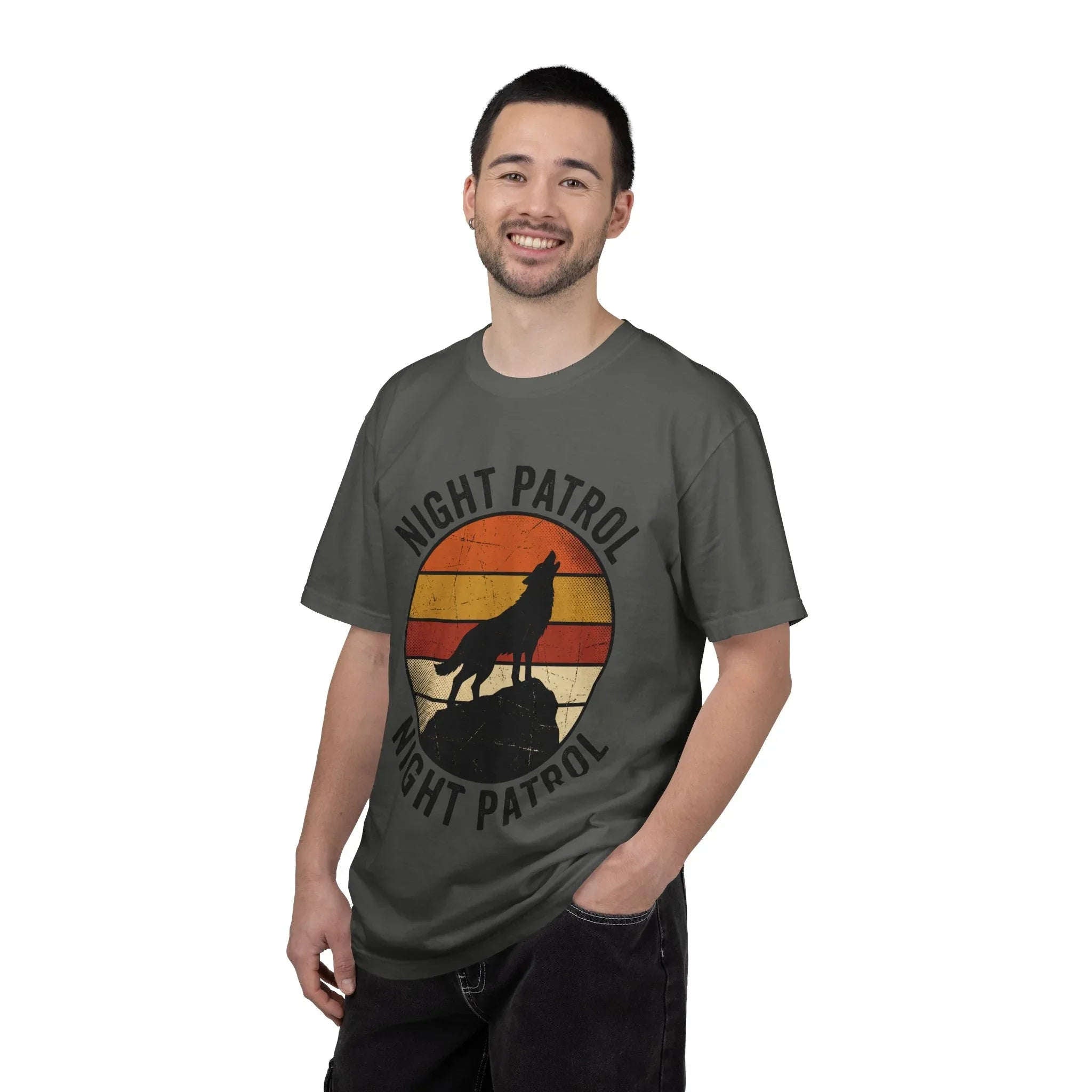 Night Patrol Howling Wolf T-Shirt, Retro Sunset Silhouette Tee, Vintage Outdoor Graphic Shirt, Garment-Dyed Unisex Hiking Camping Tee Pepper