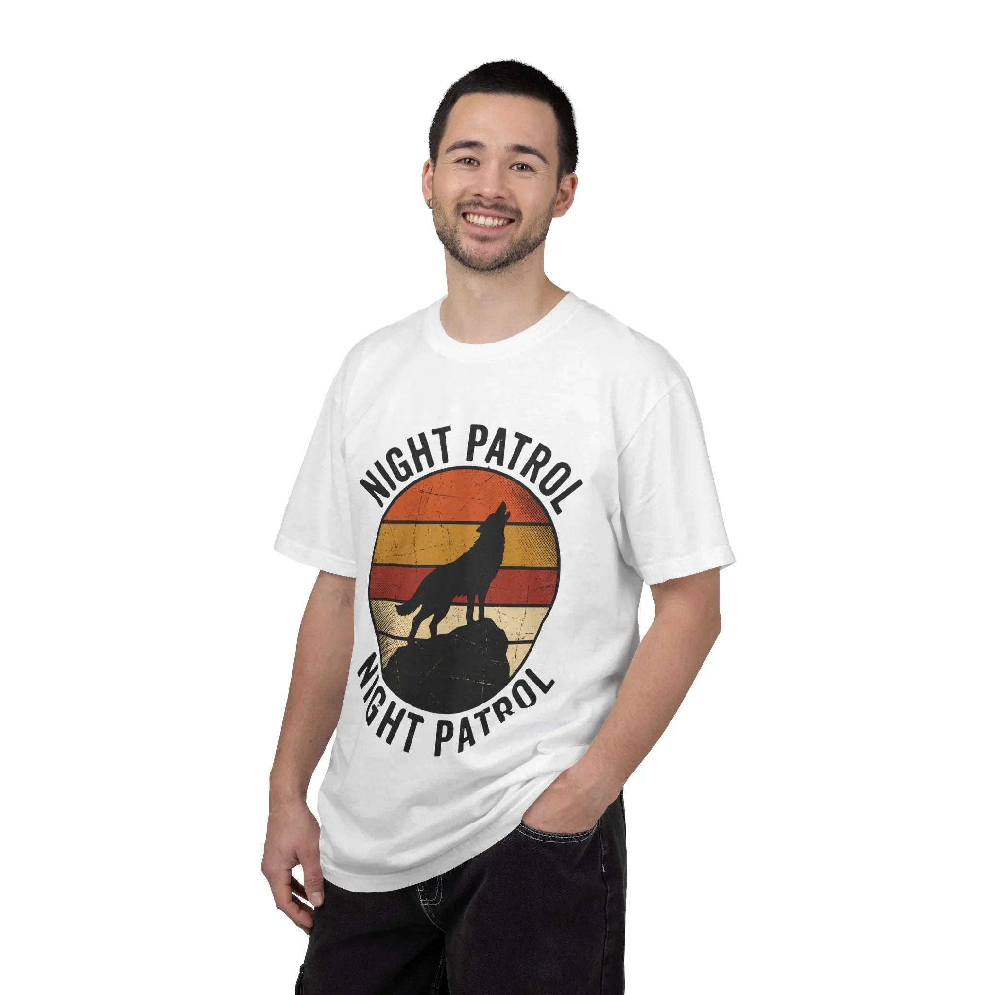 Night Patrol Howling Wolf T-Shirt, Retro Sunset Silhouette Tee, Vintage Outdoor Graphic Shirt, Garment-Dyed Unisex Hiking Camping Tee