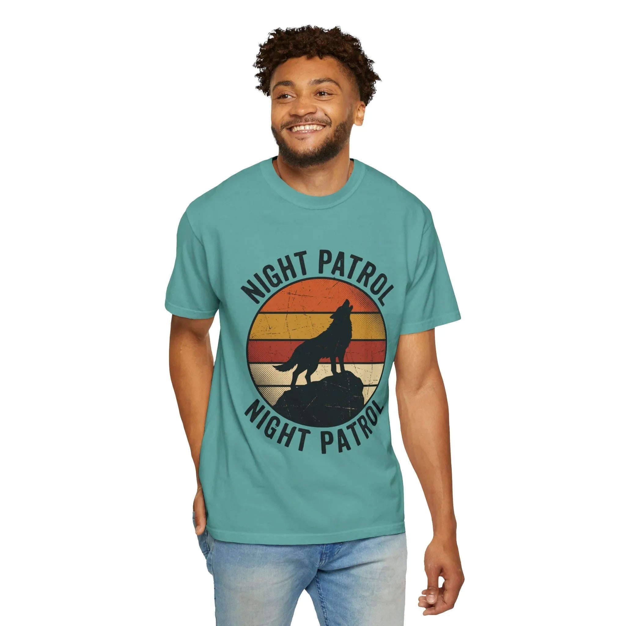 Night Patrol Howling Wolf T-Shirt, Retro Sunset Silhouette Tee, Vintage Outdoor Graphic Shirt, Garment-Dyed Unisex Hiking Camping Tee Seafoam