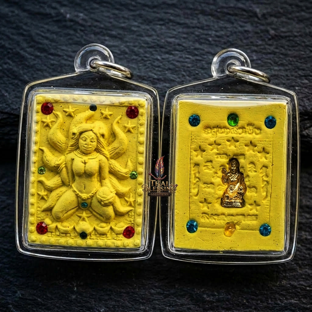 Authentic Thai Amulet "Nine-Tailed Fox Spirit Queen Sacred Yellow Charm Powder Pendant" Consecrated by Kruba Khampeng, Asom Sukhawadi B.E. 2566 (2023) - Encrusted with Gemstones & Golden Nang Kwak Insert