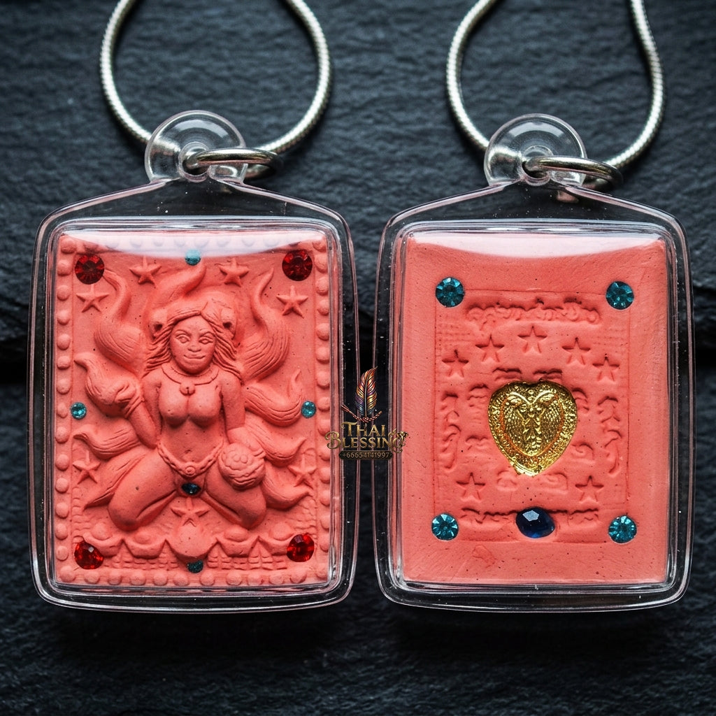Authentic Thai Amulet "Nine-Tailed Fox Spirit Queen Sacred Charm Powder Pendant" Consecrated by Kruba Khampeng, Asom Sukhawadi B.E. 2566 (2023) - Encrusted with Gemstones & Golden Heart Medallion
