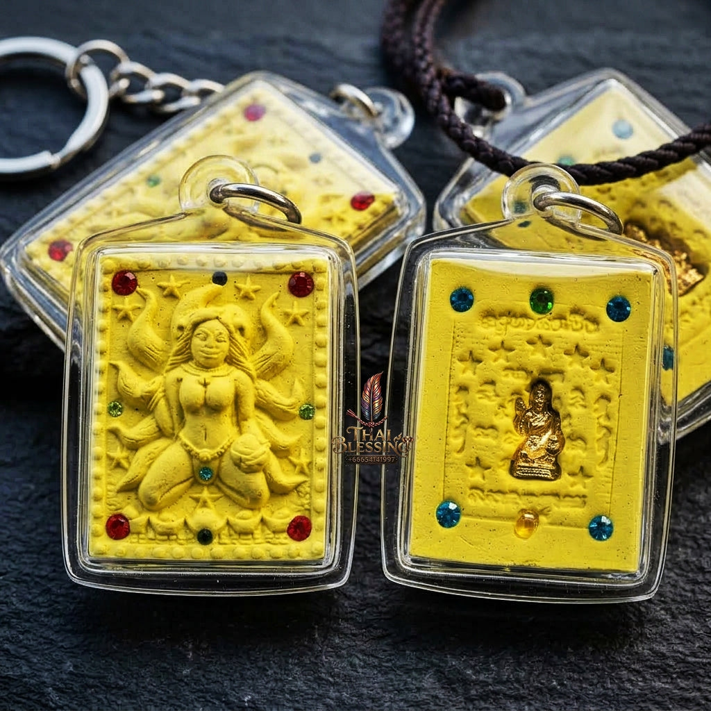 Authentic Thai Amulet "Nine-Tailed Fox Spirit Queen Sacred Yellow Charm Powder Pendant" Consecrated by Kruba Khampeng, Asom Sukhawadi B.E. 2566 (2023) - Encrusted with Gemstones & Golden Nang Kwak Insert